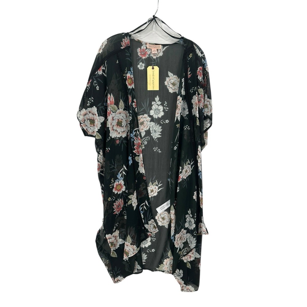 Band Of Gypsies Boho Kimono Cover Up Duster Sheer Black Floral Oversized Size M - Picture 1 of 9
